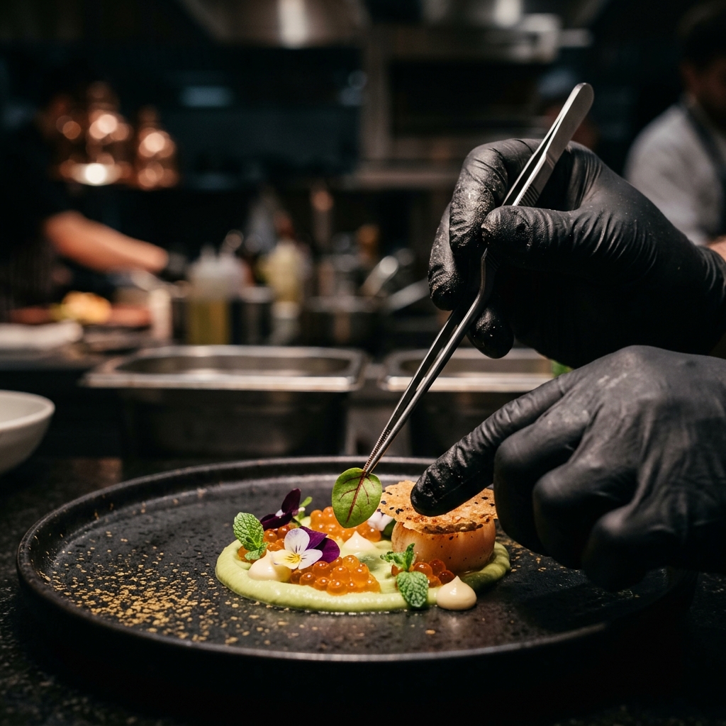 A dish being plated with care