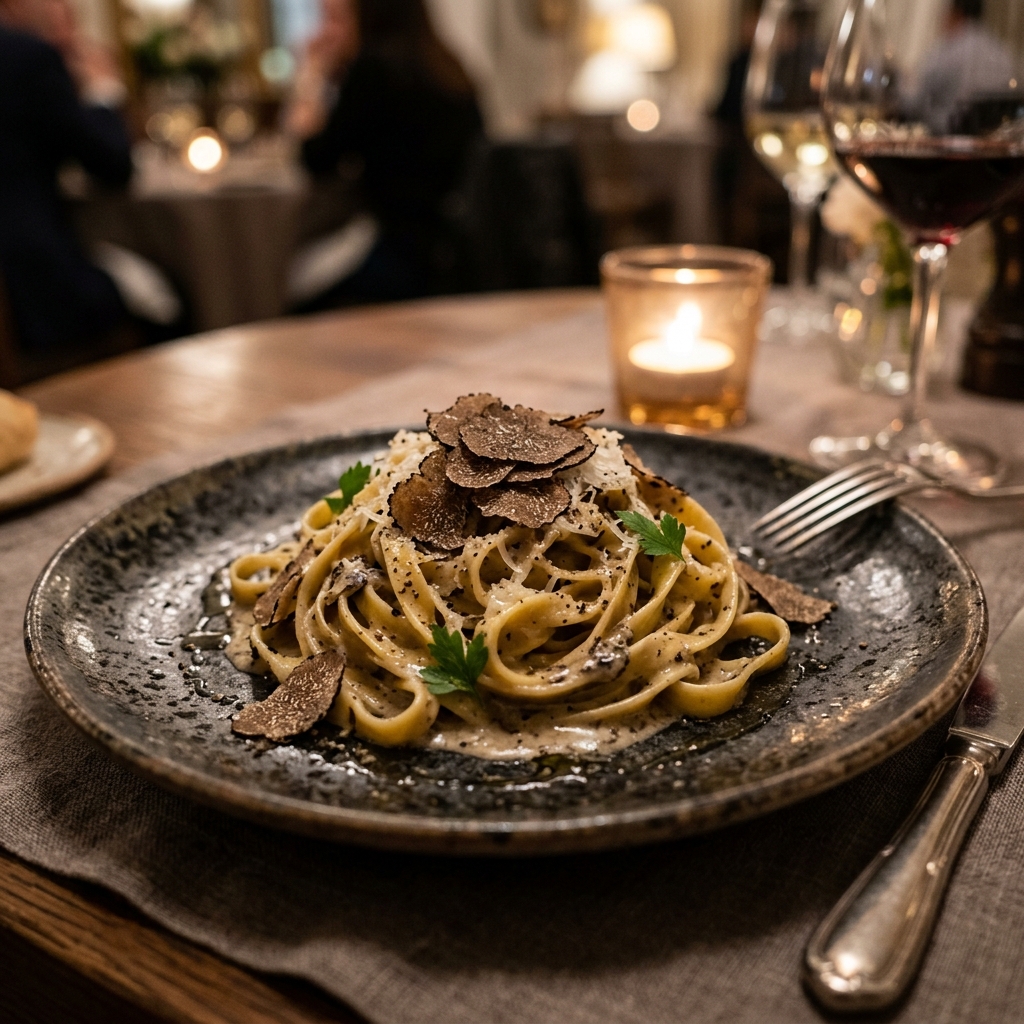 Tagliatelle al Tartufo, our signature hand-rolled pasta with shaved Umbrian truffle